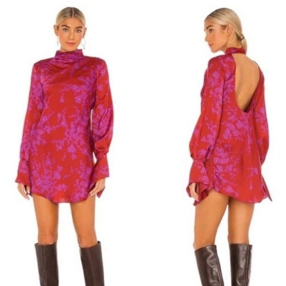 Free People L Aries Open Back Retro Mini Bell Sleeve Dress Romantic Combo Print